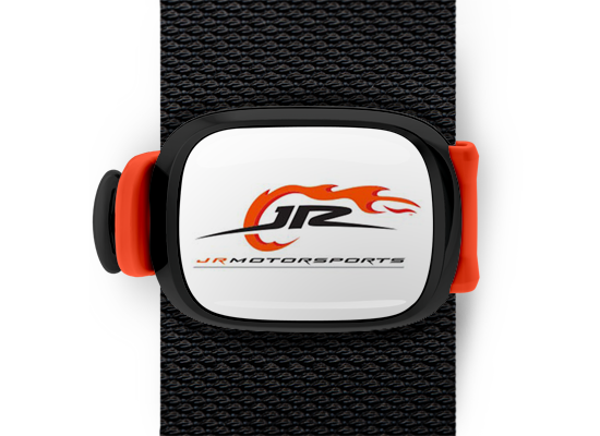 JR Motorsports Bag Tag mounted on a bag strap