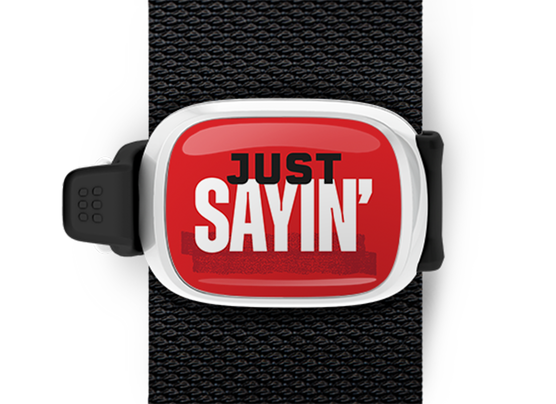 Just Sayin bag tag Stwrap mounted on backpack strap
