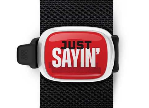 Just Sayin bag tag Stwrap mounted on backpack strap