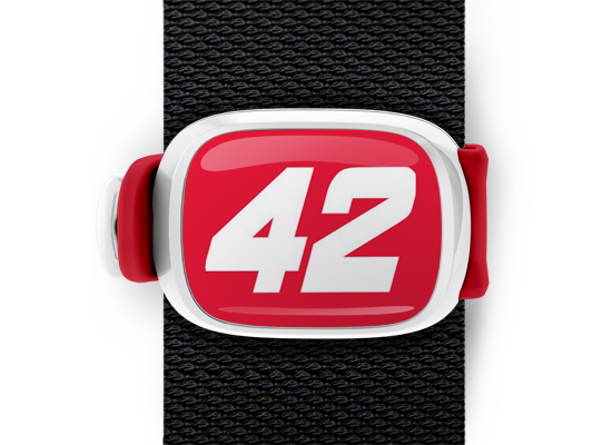 Kyle Larson #42 Bag Tag mounted on a bag strap