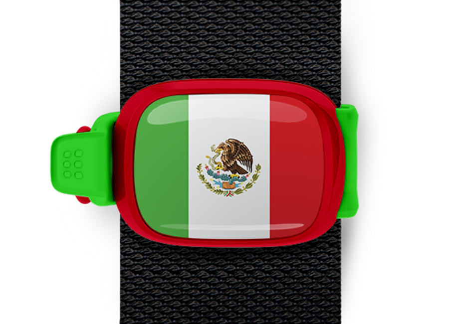 Mexico flag Stwrap bag tag mounted on a bag strap