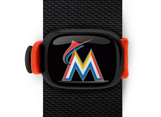 Miami Marlins Bag Tag mounted on a bag strap