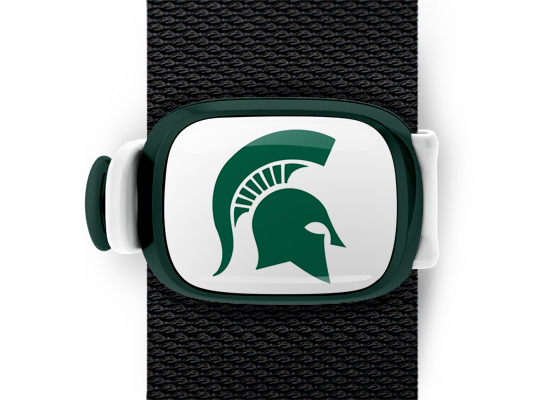 Michigan State Spartans Bag Tag mounted on a bag strap
