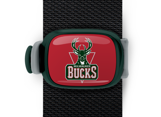 Milwaukee Bucks Bag Tag mounted on a bag strap