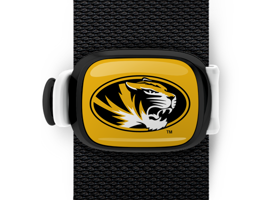Missouri Tigers Bag Tag mounted on a bag strap
