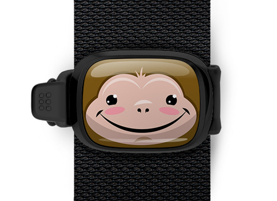 Monkey Bag Tag mounted on a bag strap