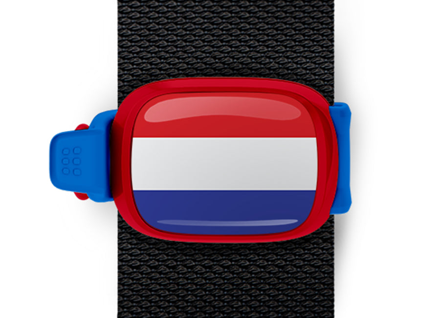 Netherlands flag Stwrap bag tag mounted on a bag strap