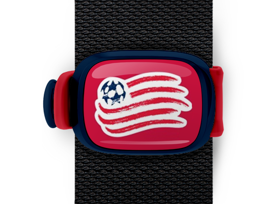 New England Revolution Bag Tag mounted on a bag strap