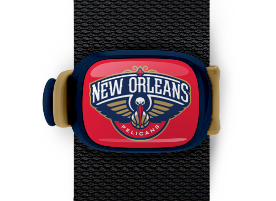New Orleans Pelicans Bag Tag mounted on a bag strap