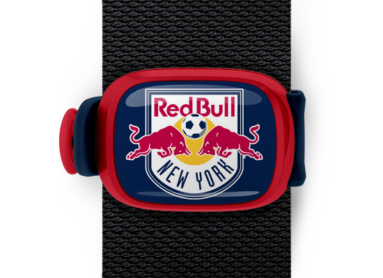 New York Red Bull Bag Tag mounted on a bag strap