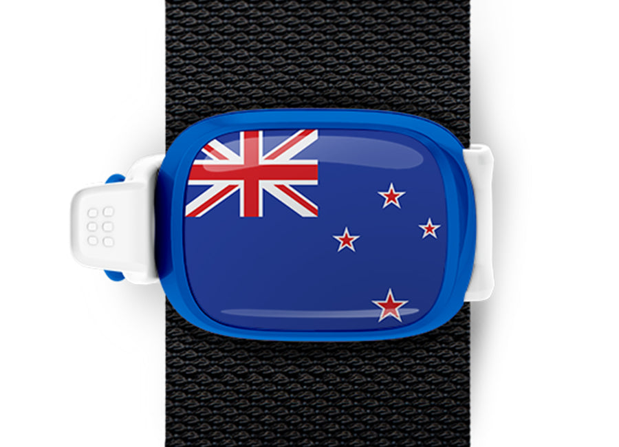 New Zealand flag Stwrap bag tag mounted on a bag strap