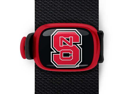 North Carolina State Wolfpack Bag Tag mounted on a bag strap