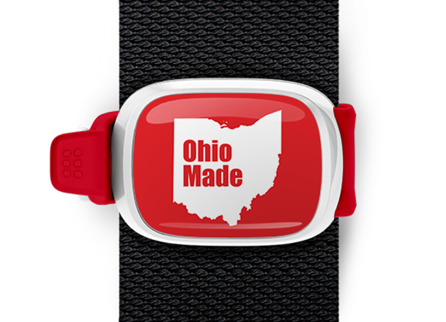 Ohio Made Ohio Bag Tag mounted on a bag strap