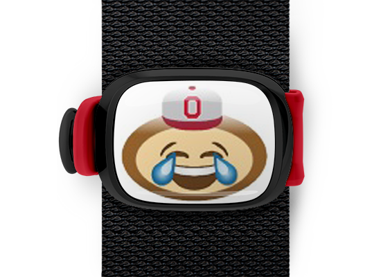 Ohio State Brutus Buckeye Emoji Bag Tag mounted on a bag strap