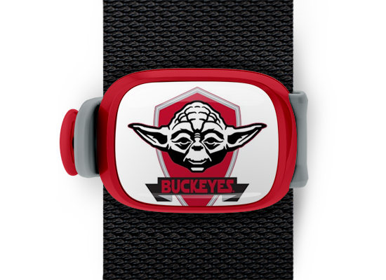 Ohio State Buckeyes Yoda Bag Tag mounted on a bag strap