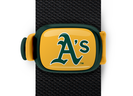 Oakland A S Bag Tag mounted on a bag strap