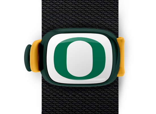 Oregon Ducks Bag Tag mounted on a bag strap