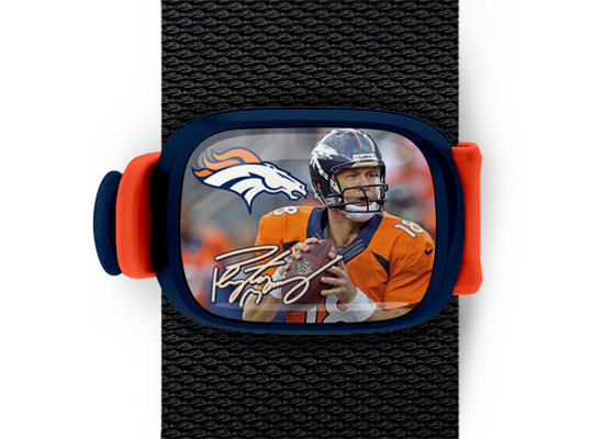 Peyton Manning Bag Tag mounted on a bag strap
