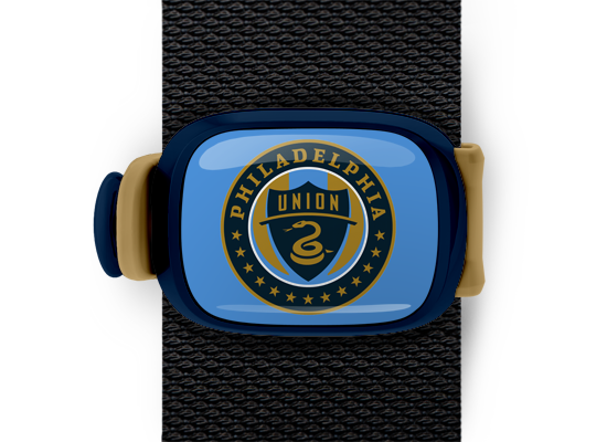 Philadelphia Union Bag Tag mounted on a bag strap