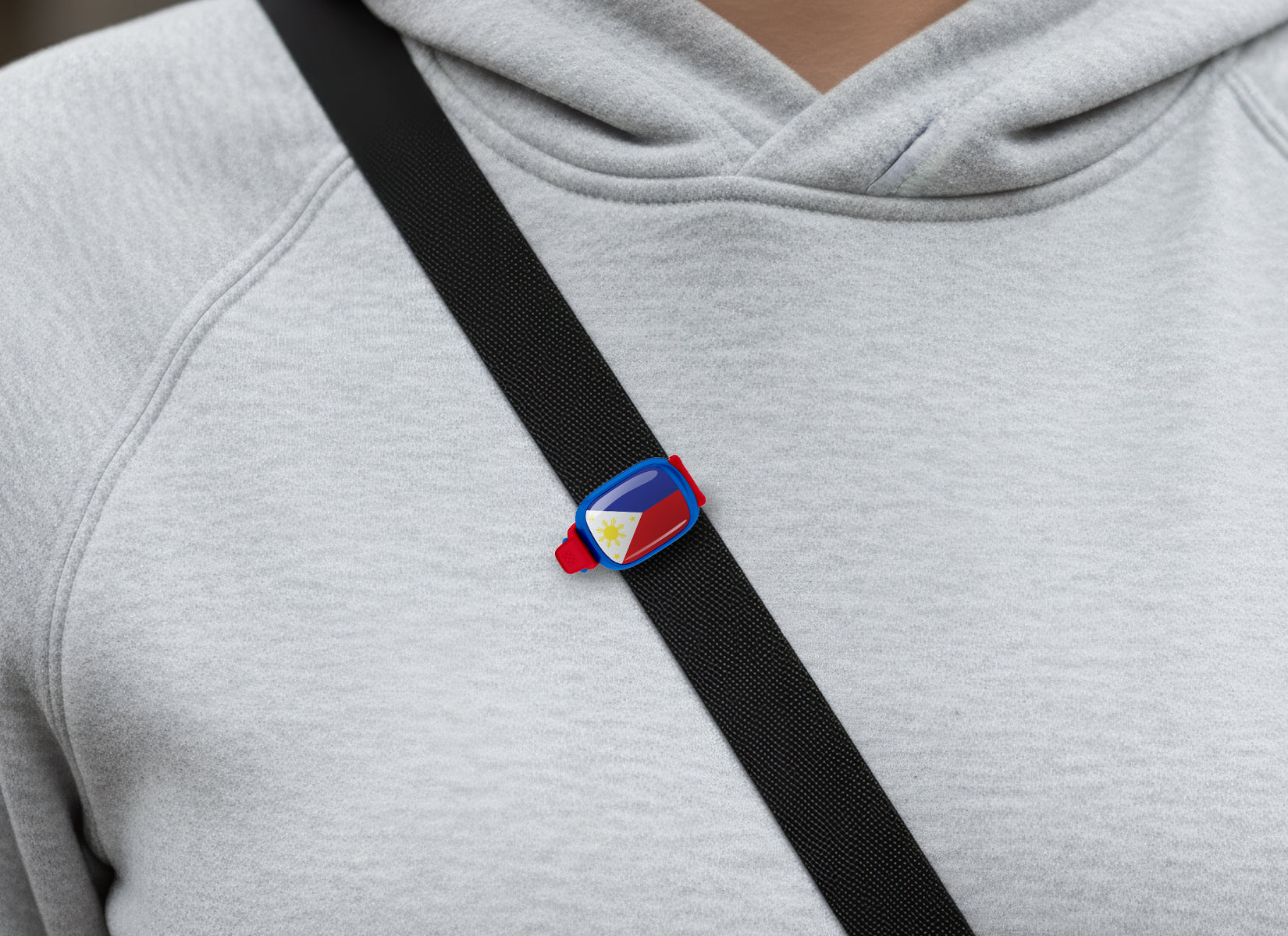 Philippines flag Stwrap bag tag shown on a bag in a lifestyle setting
