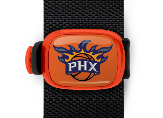 Phoenix Suns Bag Tag mounted on a bag strap
