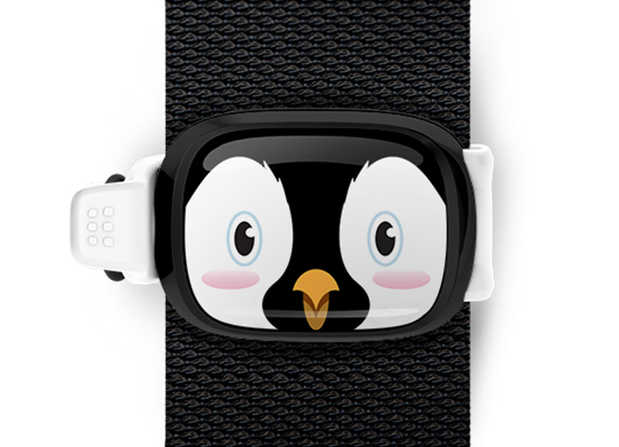 Penguin Bag Tag - Piper the Penguin mounted on a bag strap