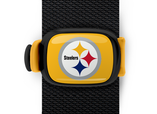 Pittsburgh Steelers Bag Tag mounted on a bag strap