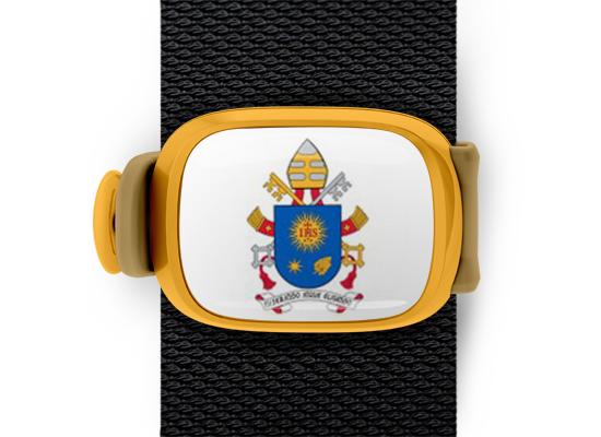 Pope Francis Coat Of Arms Bag Tag mounted on a bag strap