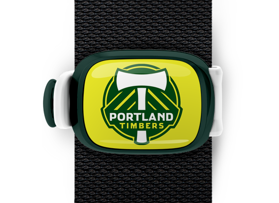 Portland Timbers Bag Tag mounted on a bag strap
