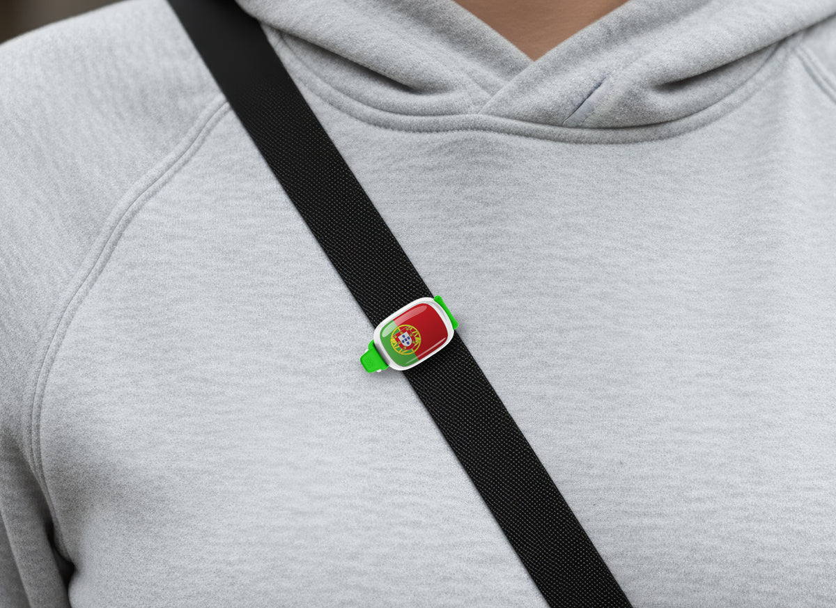 Portugal flag Stwrap bag tag shown on a bag in a lifestyle setting