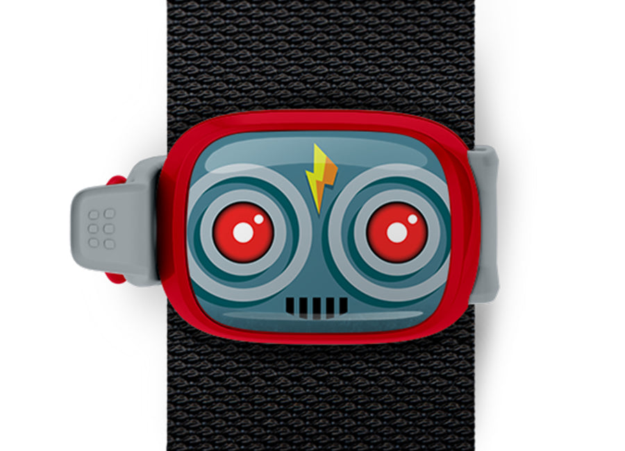 Robot Bag Tag mounted on a bag strap