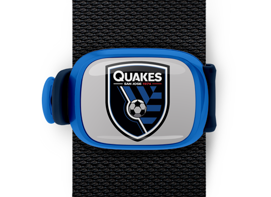 San Jose Earthquakes Bag Tag mounted on a bag strap