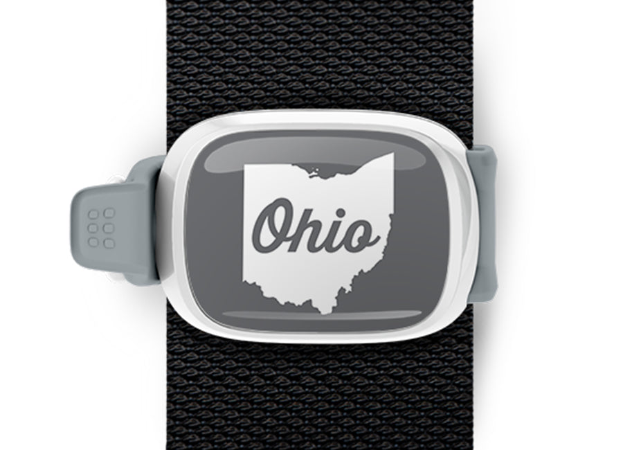Script in Ohio Ohio Bag Tag mounted on a bag strap