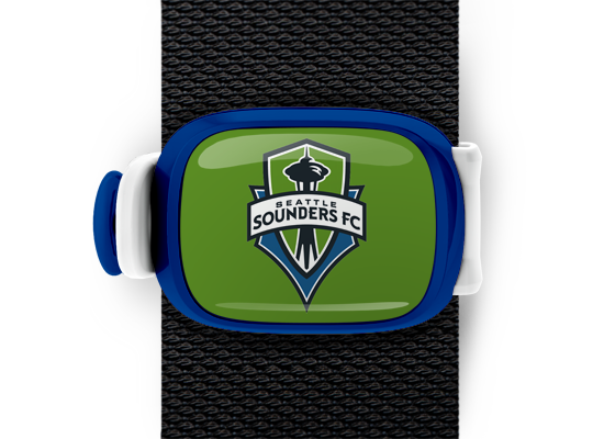 Seattle Sounders FC Bag Tag mounted on a bag strap
