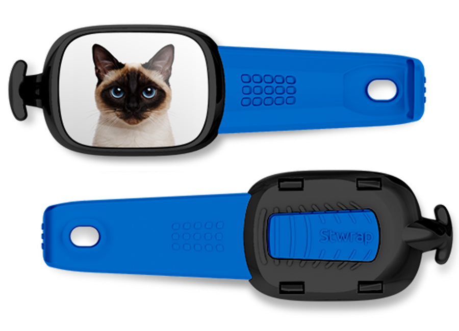 Siamese Cat Stwrap bag tag mounted flat on a black backpack strap.