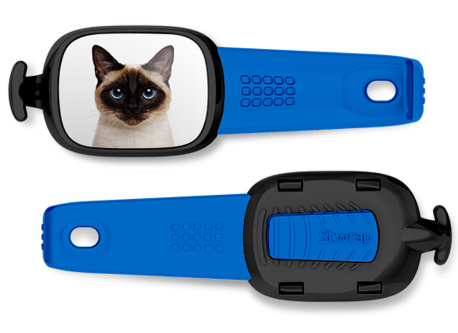 Siamese Cat Stwrap bag tag mounted flat on a black backpack strap.
