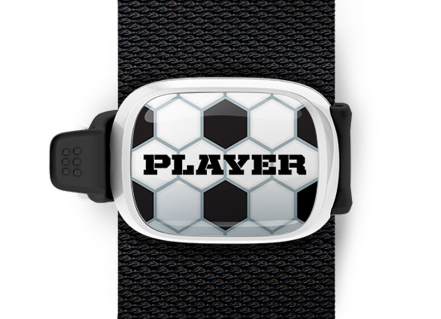 Soccer Player Bag Tag mounted on a sports bag strap