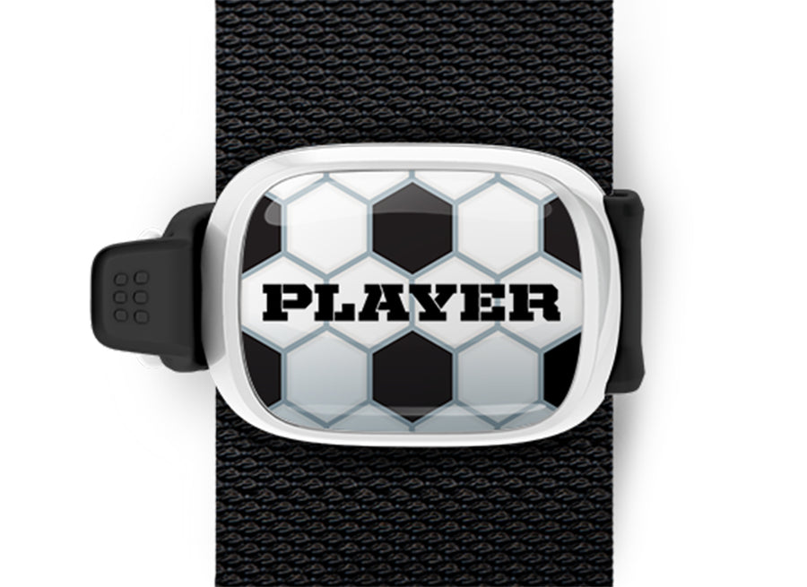 Soccer Player Bag Tag mounted on a sports bag strap