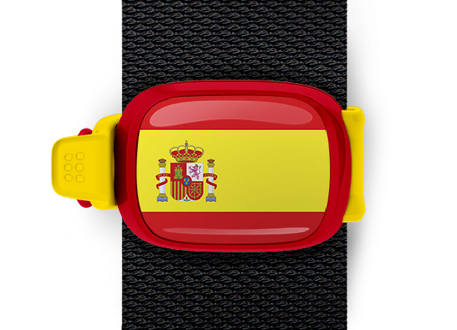 Spain flag Stwrap bag tag mounted on a bag strap