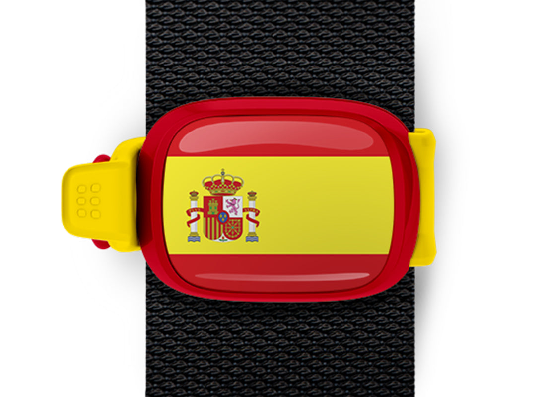 Spain flag Stwrap bag tag mounted on a bag strap
