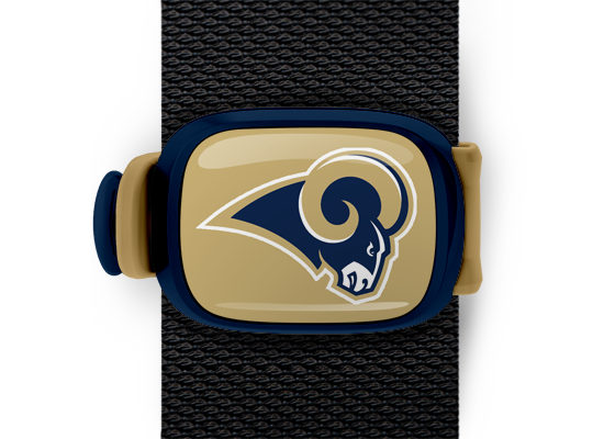 Los Angeles Rams Bag Tag mounted on a bag strap