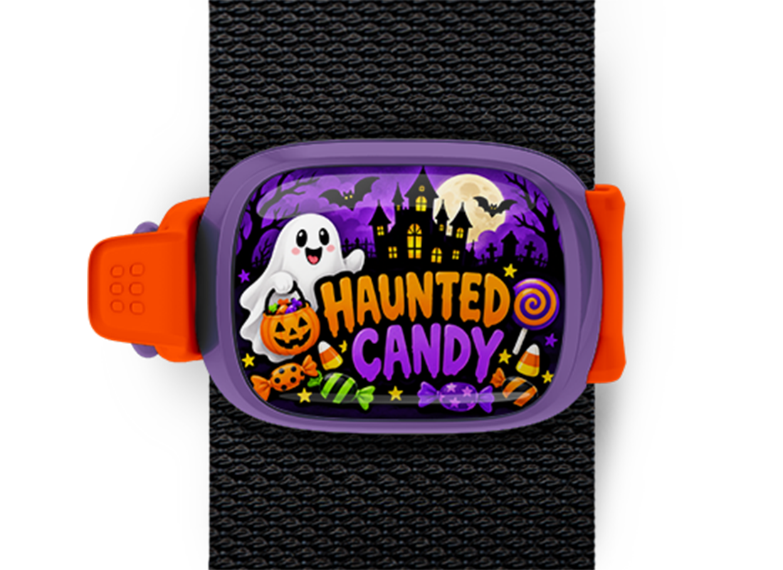 Haunted Candy Stwrap Halloween bag tag mounted on a black strap