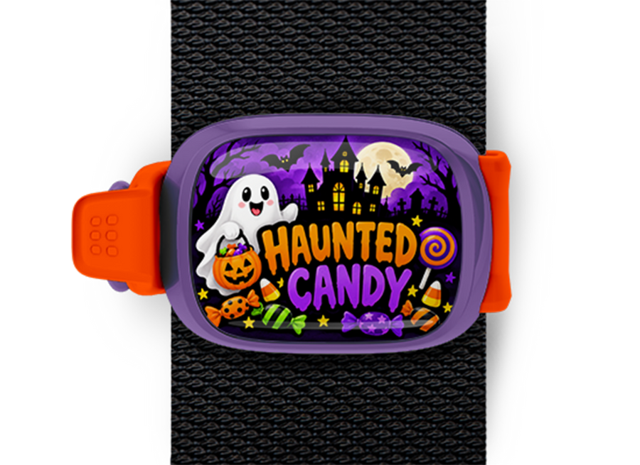 Haunted Candy Stwrap Halloween bag tag mounted on a black strap