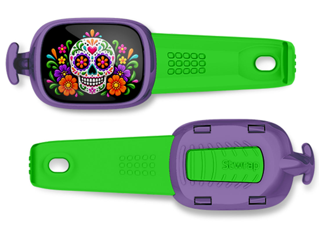 Floral Sugar Skull Stwrap bag tag, front design and back view