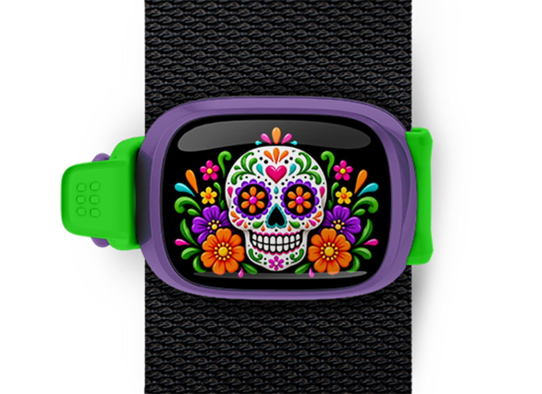Floral Sugar Skull Stwrap Halloween bag tag mounted on a black strap