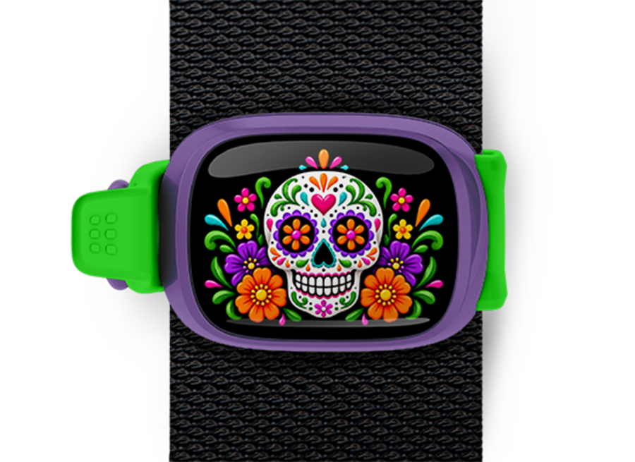 Floral Sugar Skull Stwrap Halloween bag tag mounted on a black strap