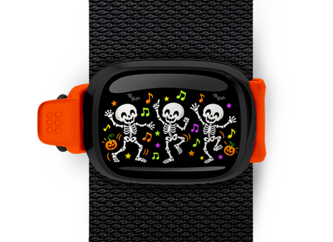 Dancing Skeleton Trio Stwrap Halloween bag tag mounted on a black strap