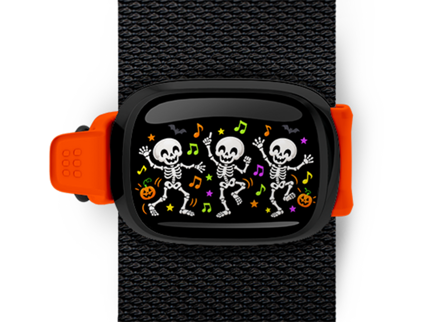 Dancing Skeleton Trio Stwrap Halloween bag tag mounted on a black strap