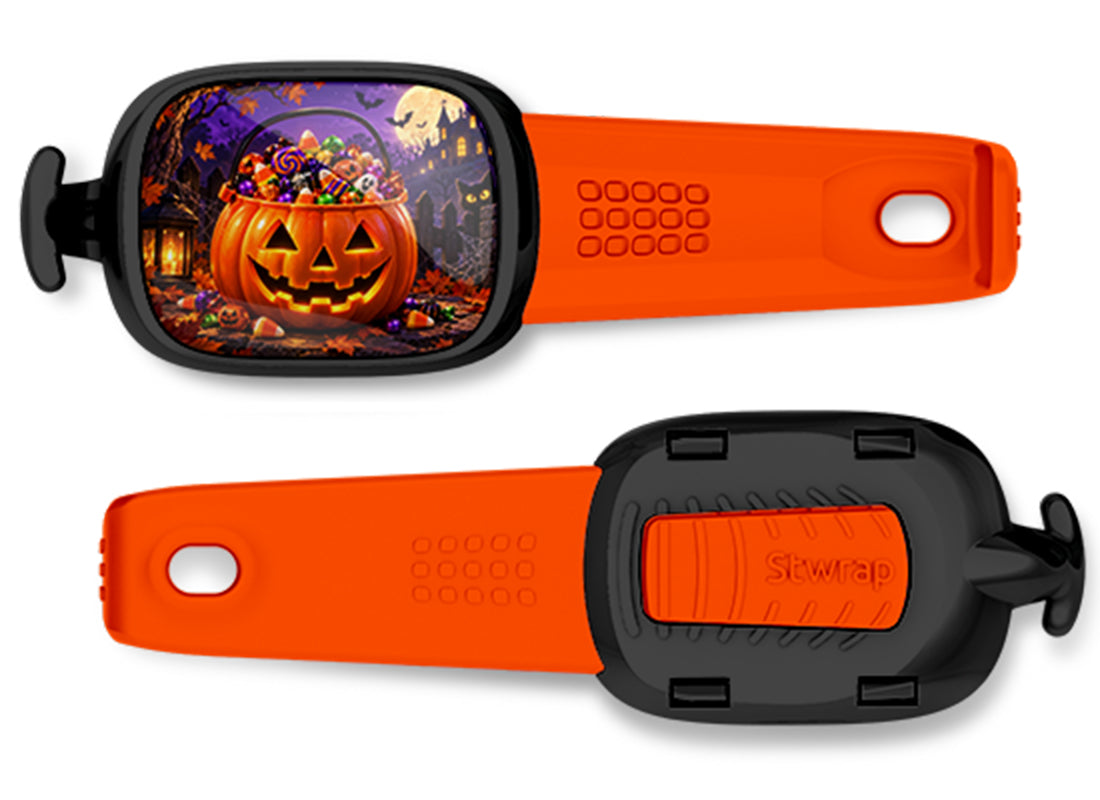 Jack-o'-Lantern Candy Bucket Stwrap bag tag, front design and back view