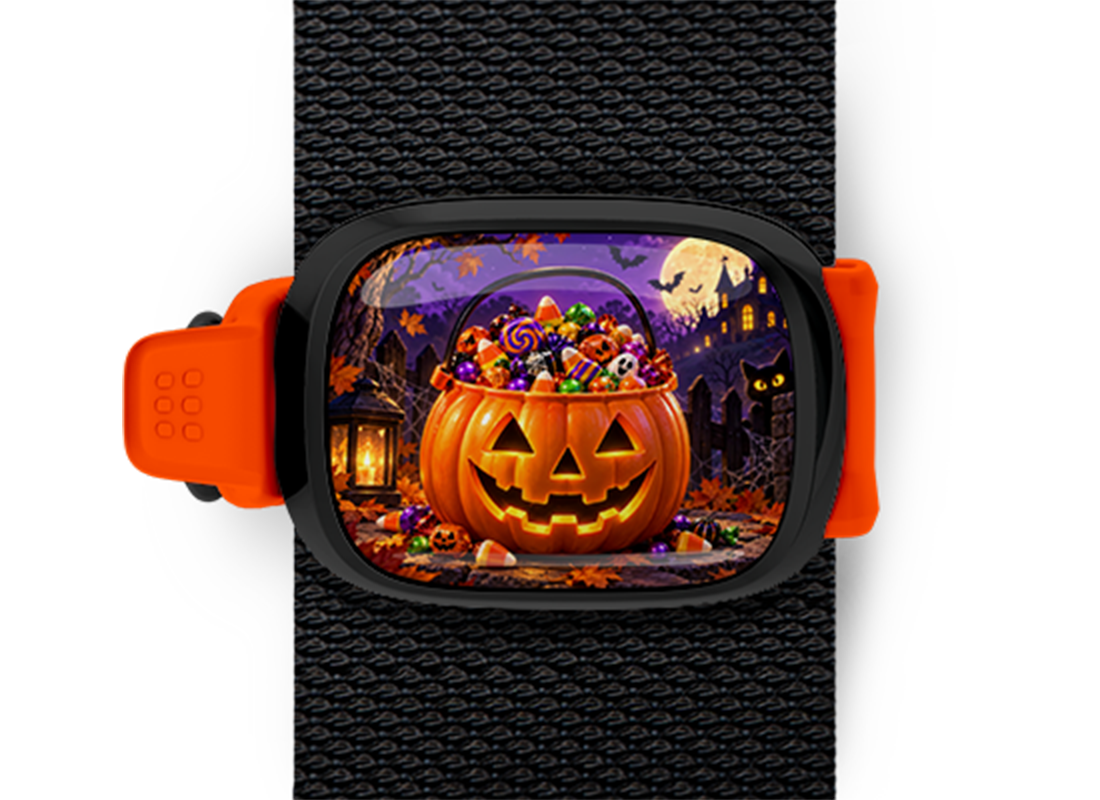 Jack-o'-Lantern Candy Bucket Stwrap Halloween bag tag mounted on a black strap